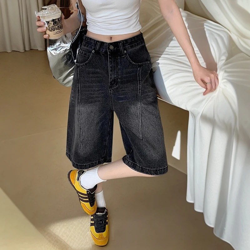 美式复古大码胖MM牛仔中短裤女春夏季小个子高腰直筒阔腿六七分裤