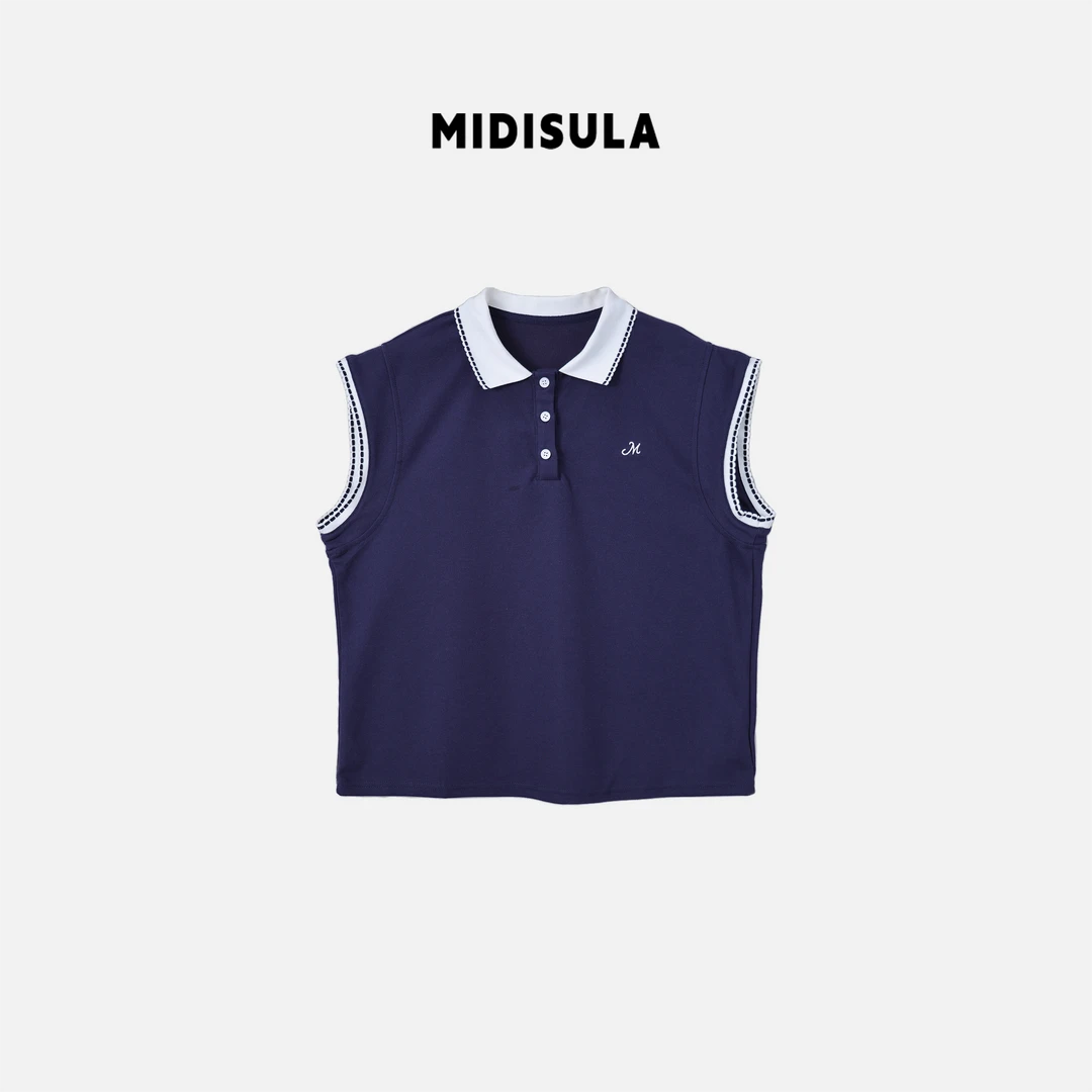 MDSL·翻领无袖polo领学院风舒适休闲夏季虚线无袖学院风上衣#0783