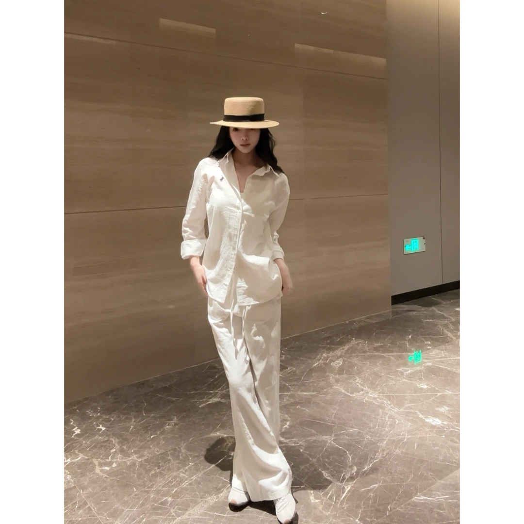 白色仿棉麻直筒阔腿裤女夏日系显瘦舒适松紧高腰棉麻休闲长裤子