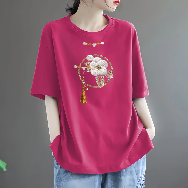 〖送运费险〗夏季新款纯棉T恤女宽松显瘦新中式印花短袖圆领上衣潮