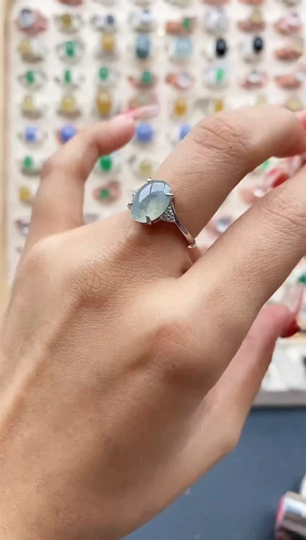 【闪购商品】翡翠戒指银S925镶嵌缅甸天然A货翡翠222  8+8