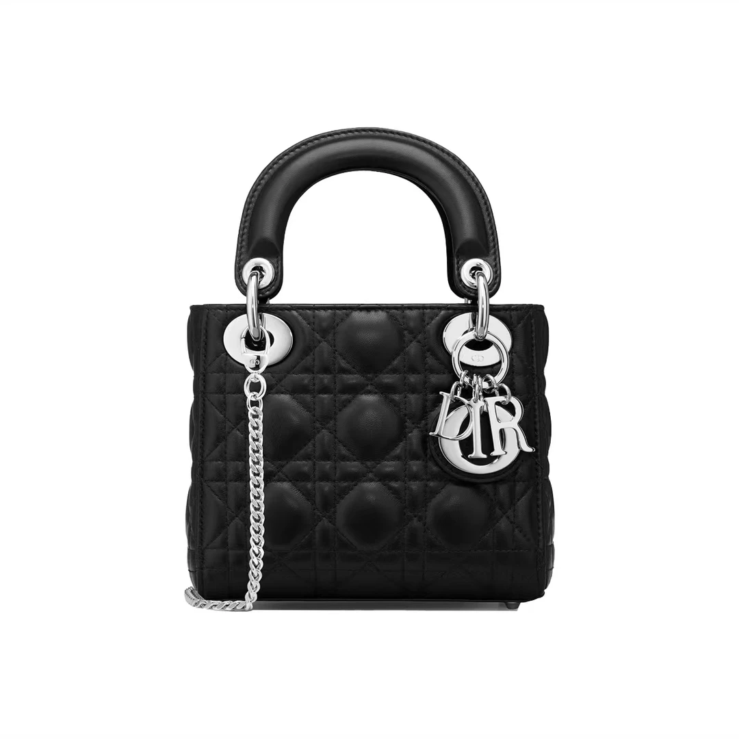 95新 DIOR/迪奥 迪奥黑银三格戴妃包/黑色/奢侈经典