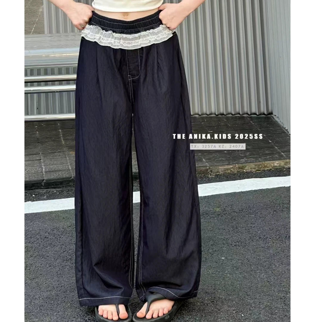 ANIKA2025夏季新款女中大童天丝阔腿宽松直筒牛仔裤蕾丝花边韩版