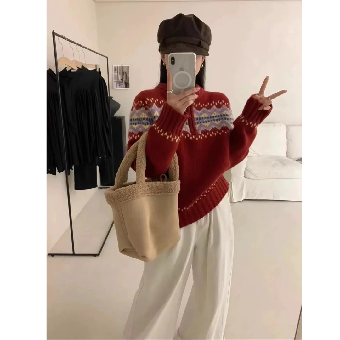 【大喜】목기자합-韩国东大门费尔岛氛围感2025女新款*半拉链针织毛衣