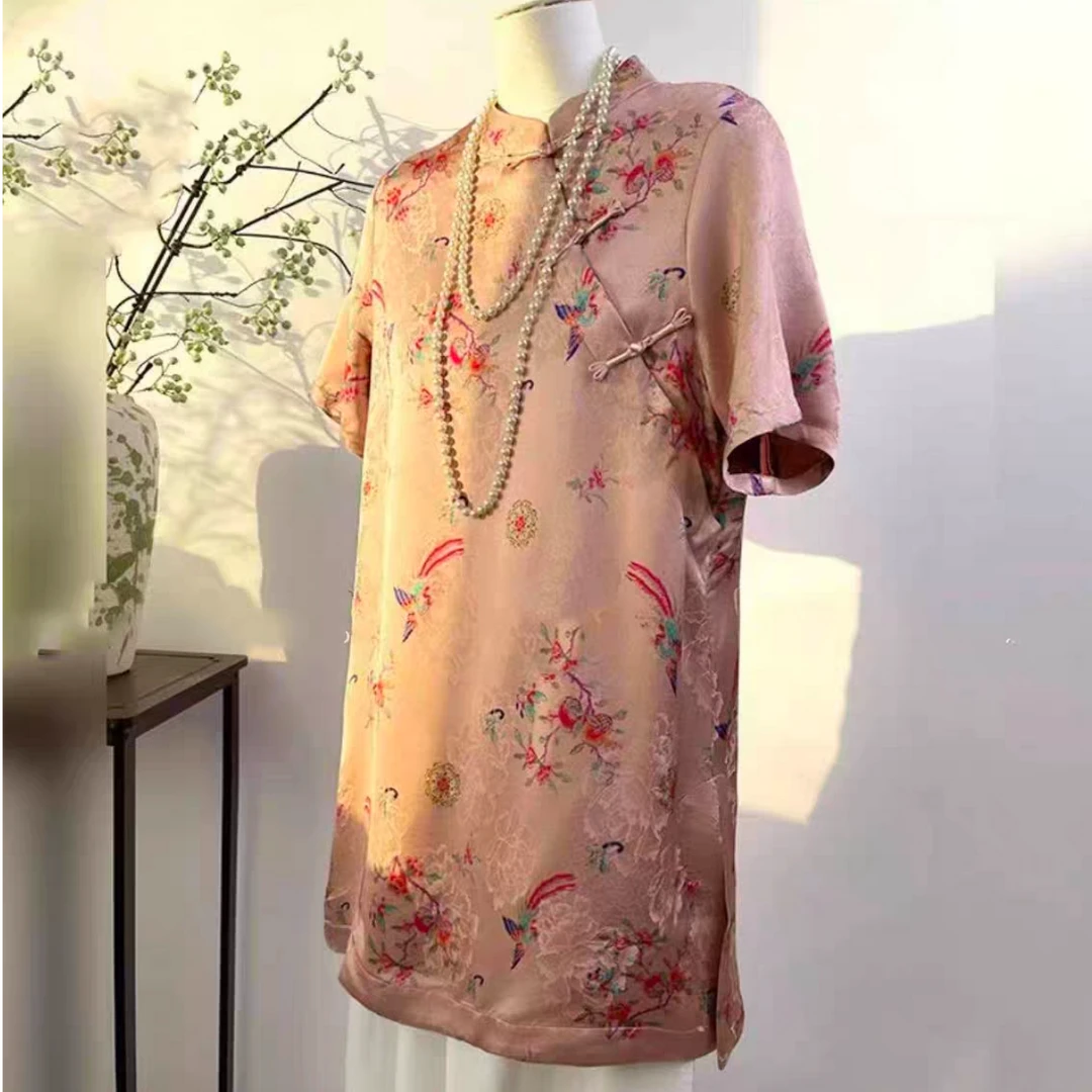 【粉蝶】高端定制蚕丝新中式国风立领盘扣复古气质中长款上衣880