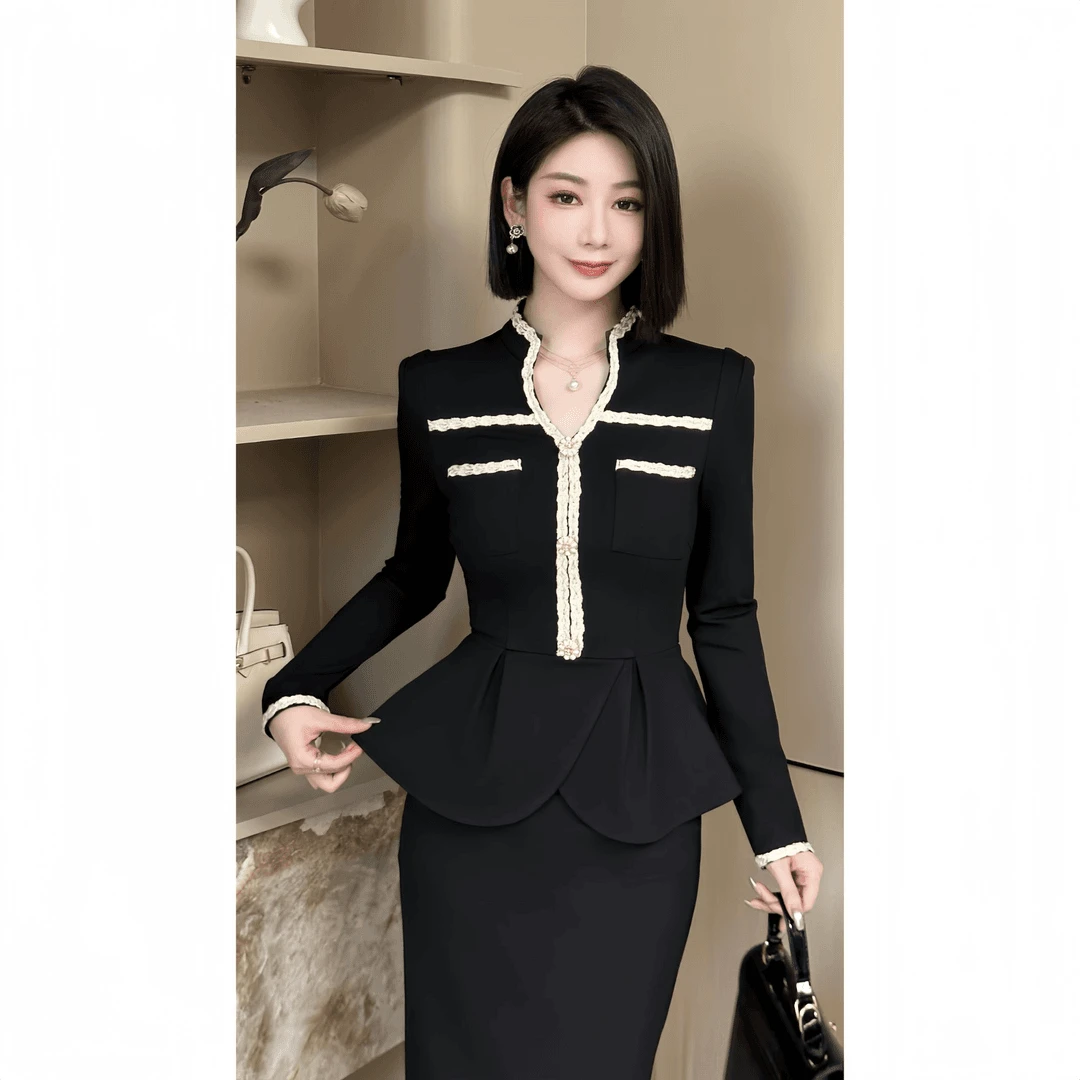 F006新款女神范长袖气质轻熟设计感黑色修身上衣+半身裙套装