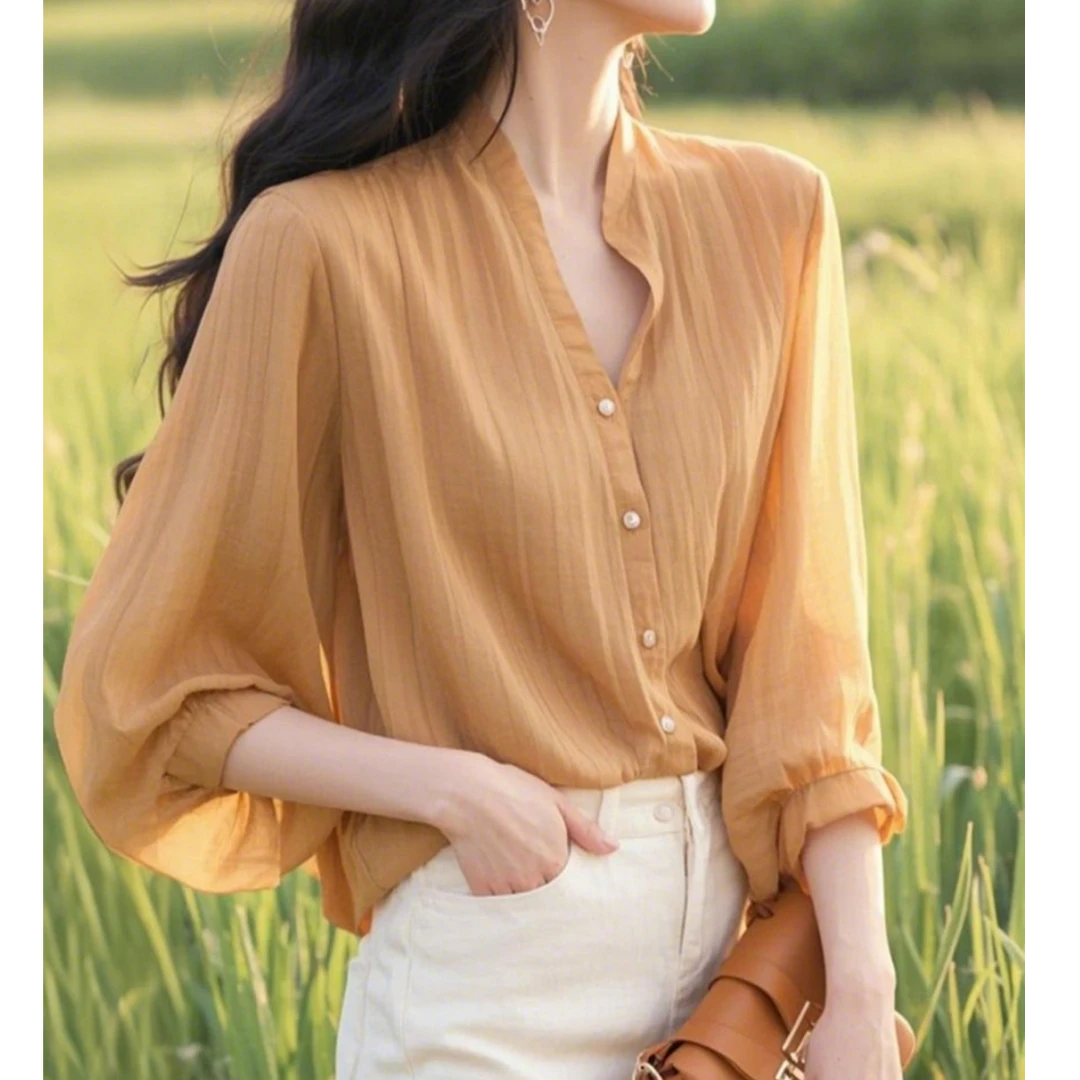 今年流行漂亮高级感超好看上衣独特别致设计感姜黄色亚麻衬衫春季