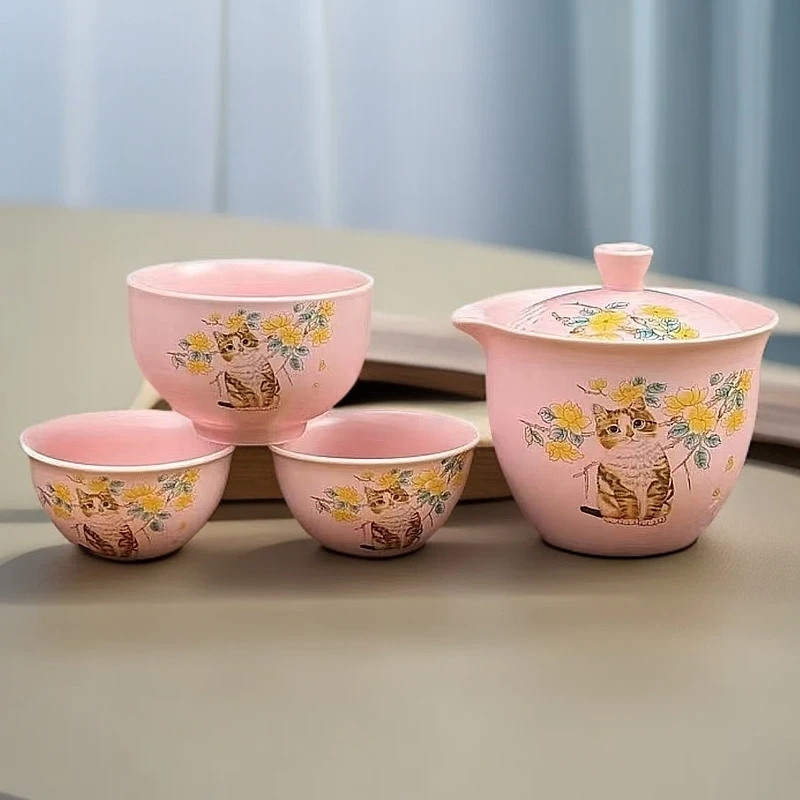 112粉色桂花猫旅行茶具一壶三杯户外茶具套装便携陶瓷