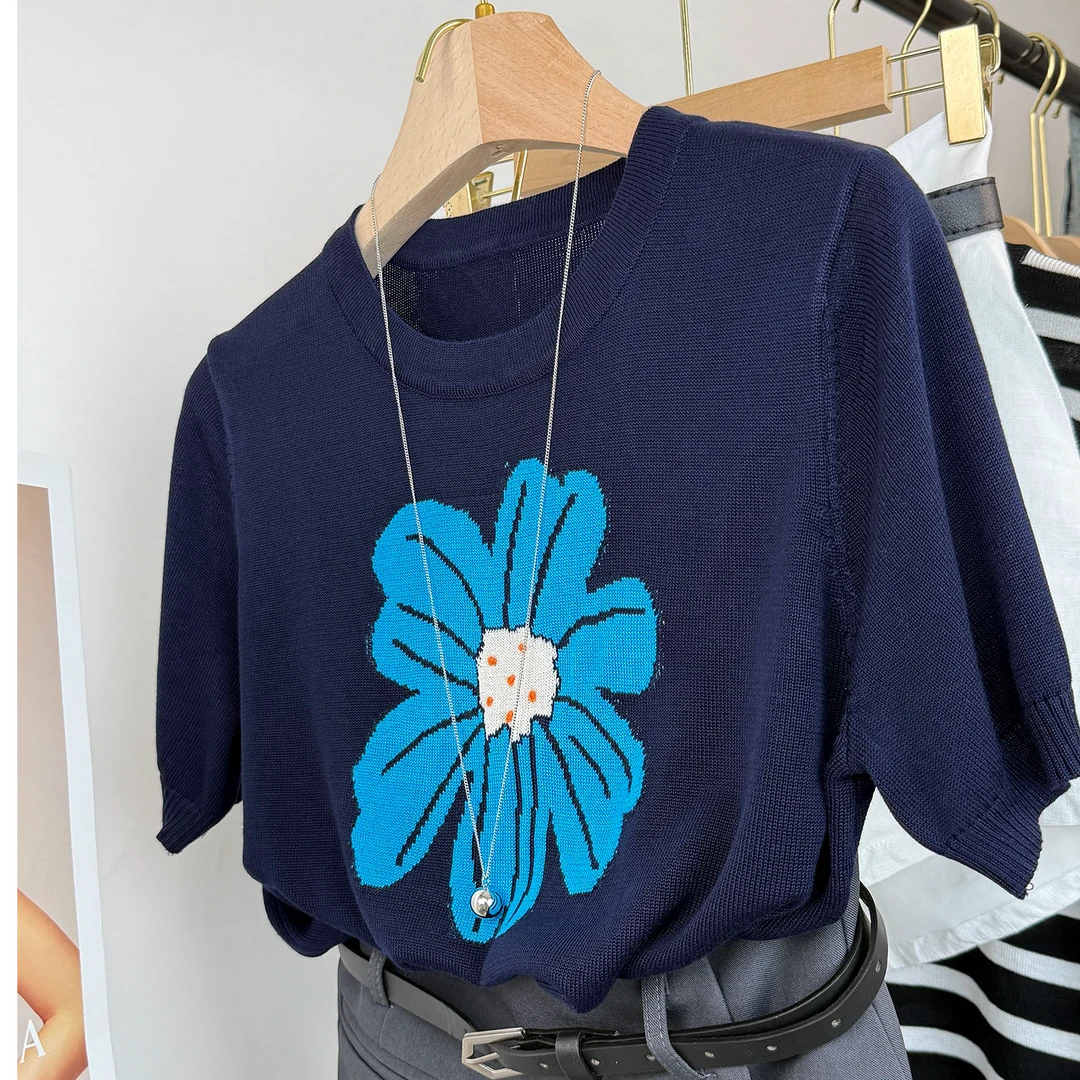 柜上砖品！花朵刺绣短袖女士2025夏季高级感正肩显瘦莱赛尔天丝t恤