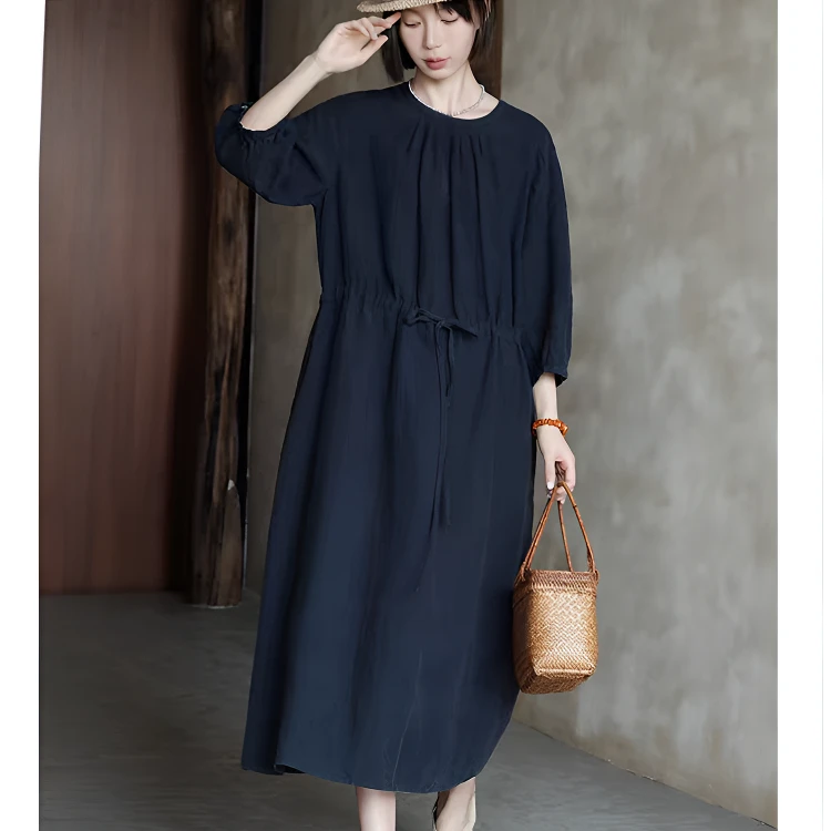 高端肌理亚麻2025早春新款极简时尚气质复古连衣裙中长款裙子女装