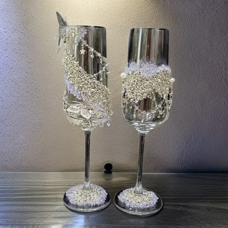 订婚敬酒杯敬酒杯 diy手绘碎钻手工创意蝴蝶蝴蝶结高脚结婚备