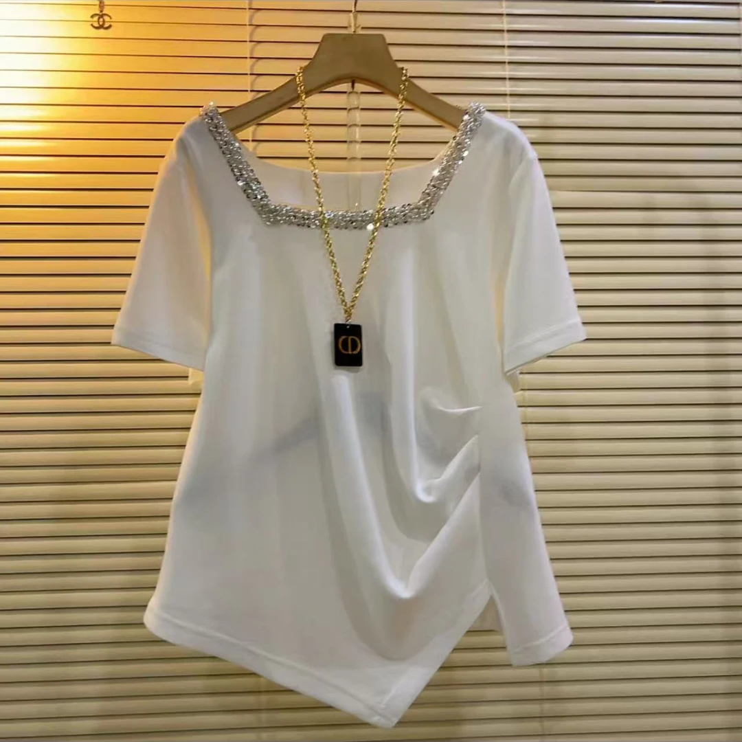 欧货时尚洋气重工领法式百搭半袖打底衫