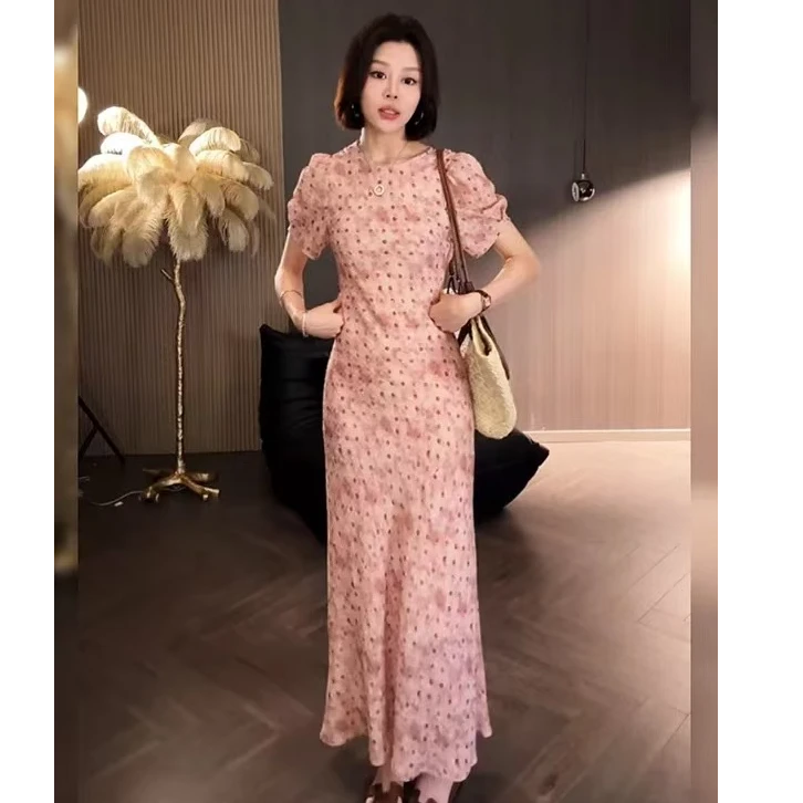 法式斜裁花卉波点短袖连衣裙女2025夏季新款修身显瘦收腰包臀长裙