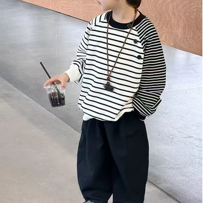 男童条纹卫衣春秋款2025新款童装儿童秋装拼色上衣圆领套头衫潮