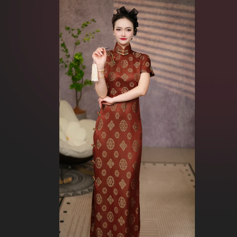 古法全开襟长裙优雅中式橘红色宝相花日常款旗袍裙中国风长130