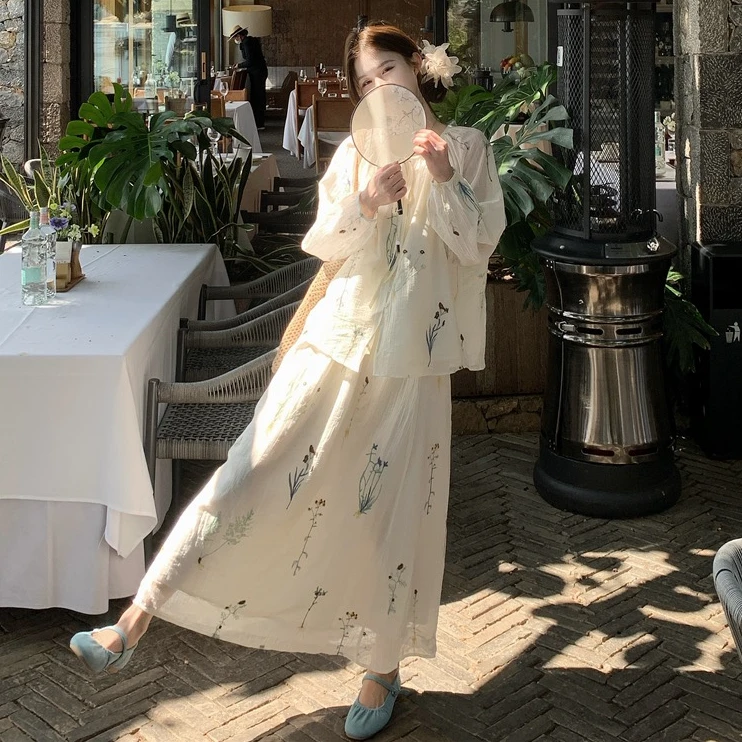 2025新款国风古韵绣花长袖上衣松紧半裙两件套A1250