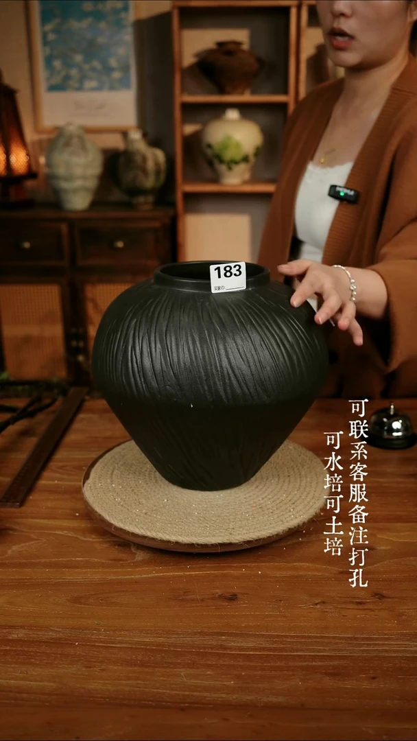 摆件183乌金黑色大肚瓶可水培可土培