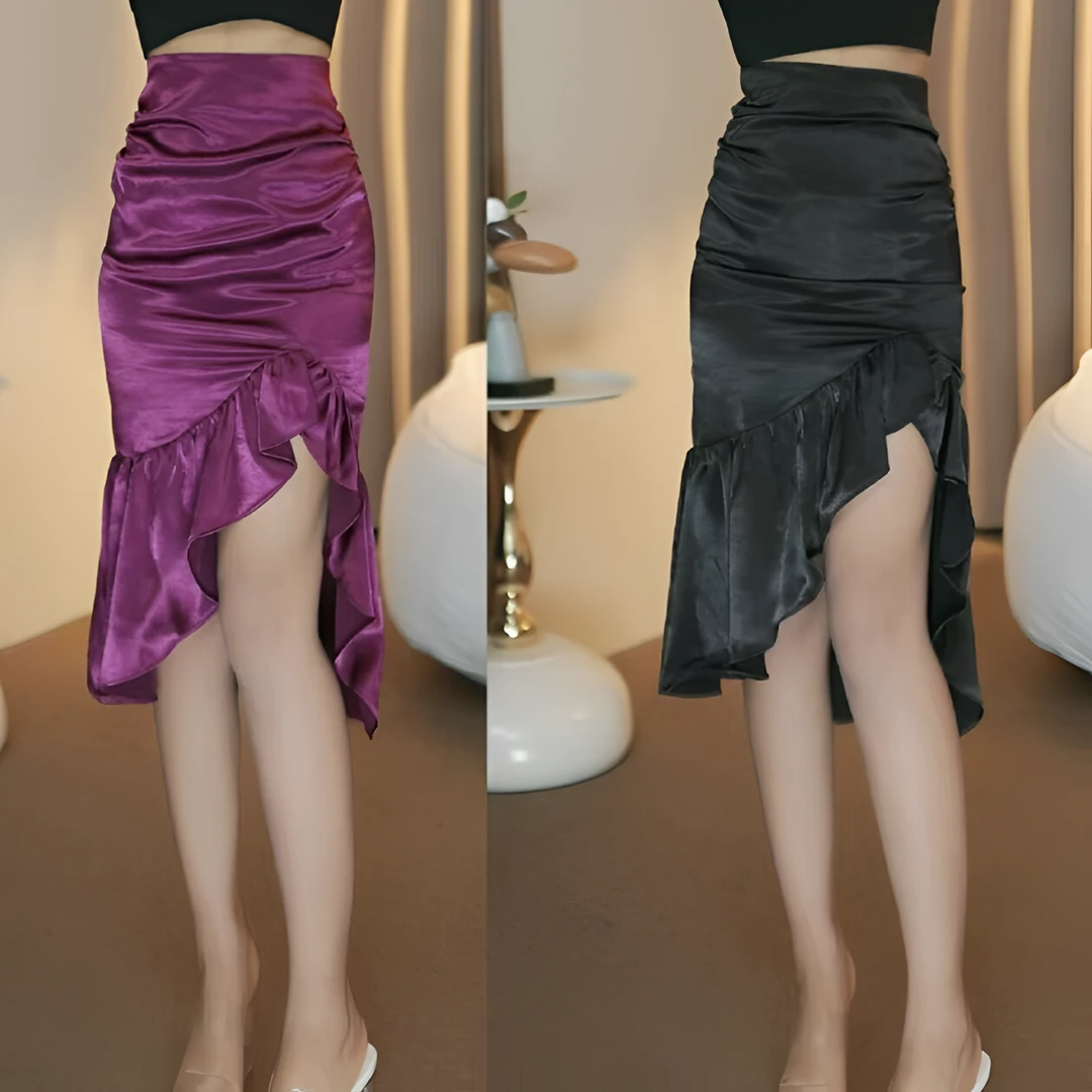 不规则荷叶边开叉包臀裙女2025夏新款高腰修身显瘦气质鱼尾半身裙