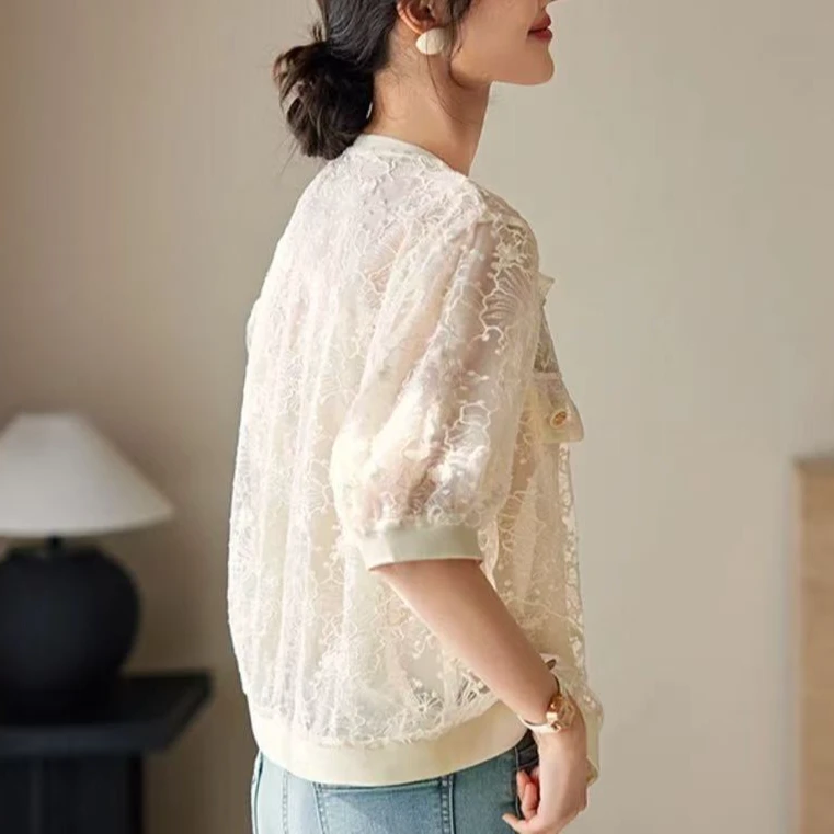 C16夏季宽松显瘦空调衫遮阳防晒上衣圆领蕾丝镂空设计小香外套