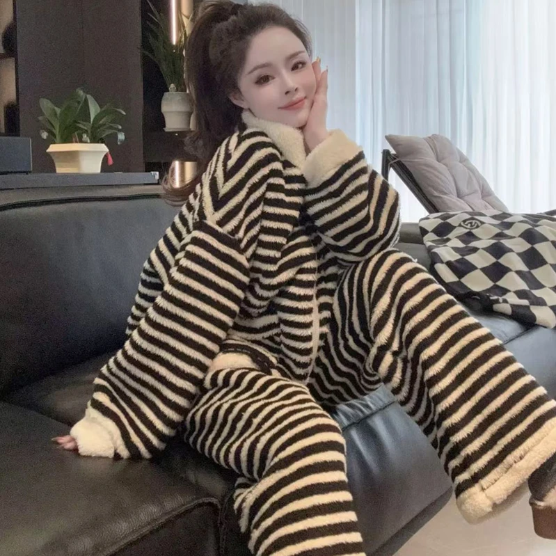 条纹拉链睡衣家宽松套装北糕绒休闲加绒家居服时尚加厚百搭