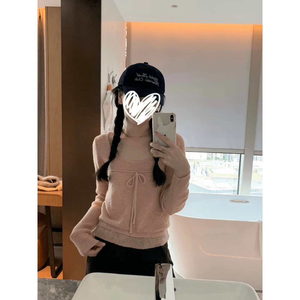 长袖针织衫女温柔甜美风假两件拼接设计感2025新款蝴蝶结系带上衣