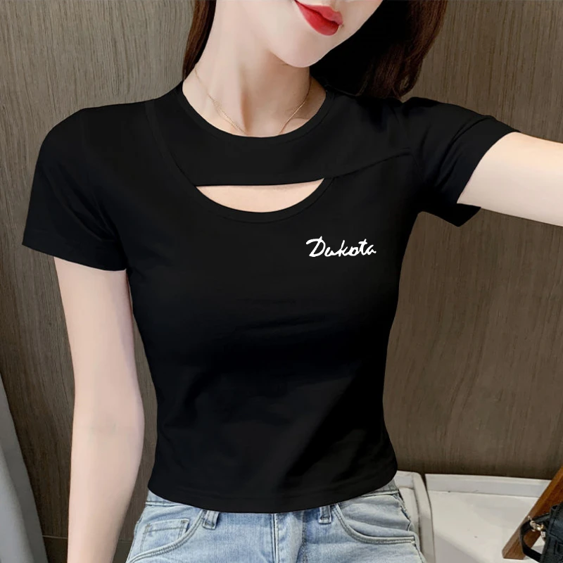 夏季韩版高腰显瘦设计感修身短袖露脐装短款镂空t恤女网红短款t恤