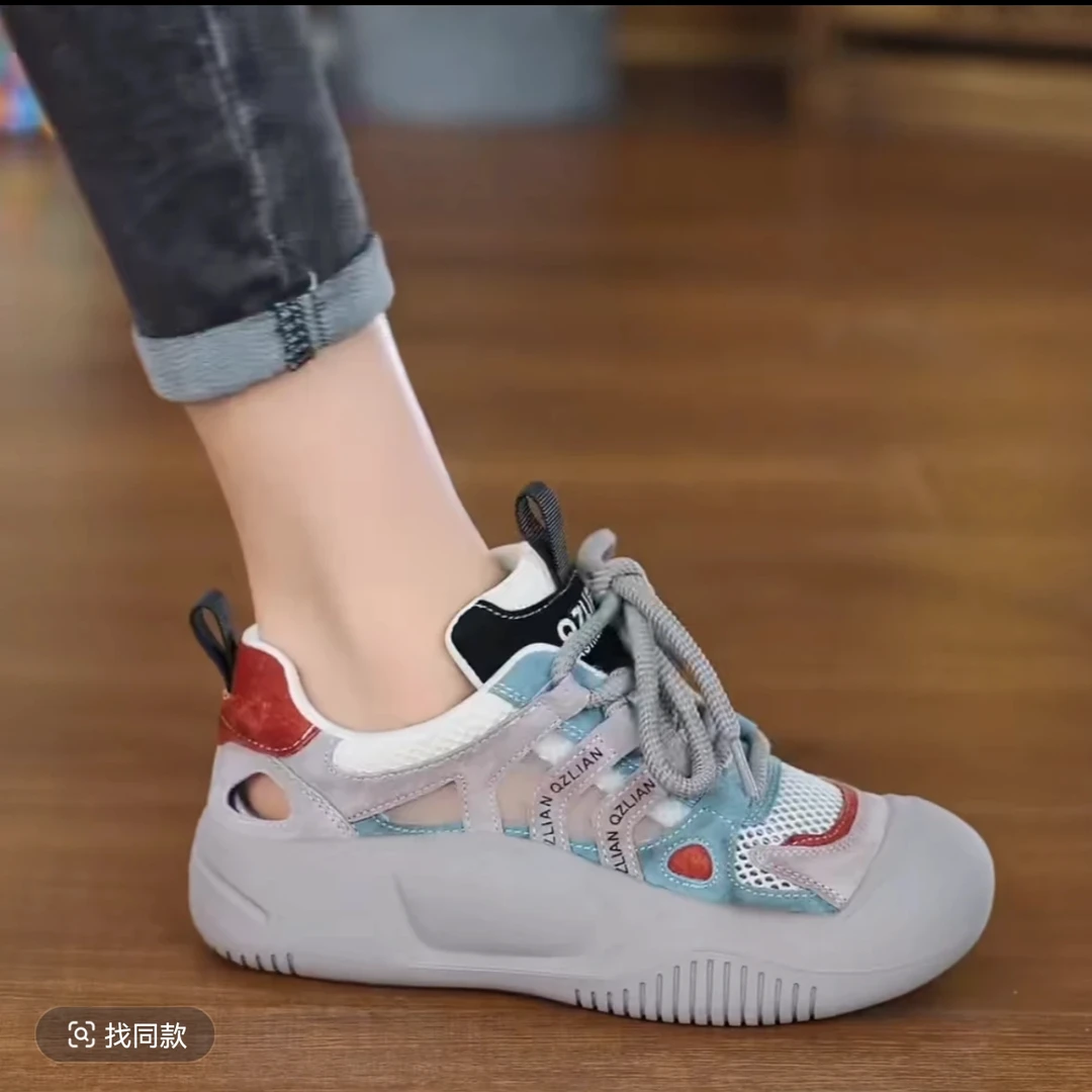 2025夏季镂空网面凉鞋一脚蹬松糕软底时尚休闲鞋百搭轻便潮鞋D