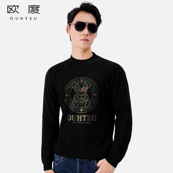 OUHTEU/欧度【诺克熊】25秋冬新款抗起球工艺精致烫钻男针织衫7698