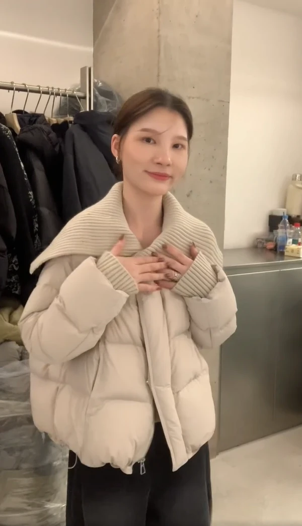 休闲百搭韩版秋冬新款女士短款翻领可拆卸针织领保暖外套简约