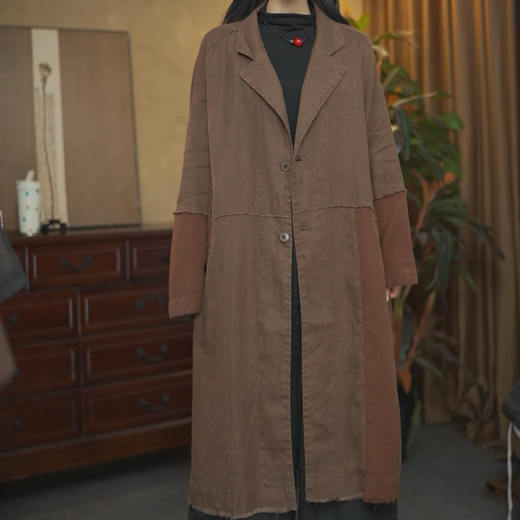 【夏布与麻】春季新款6628亚麻宽松拼接版西装领风衣
