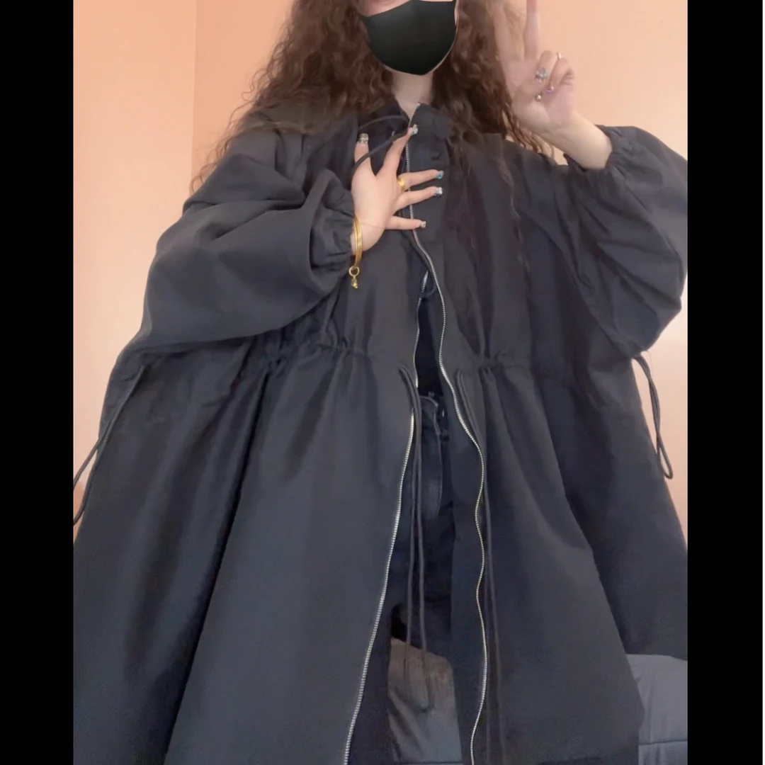 museguhui/木色古汇82518#宽松休闲连帽抽绳风衣外套