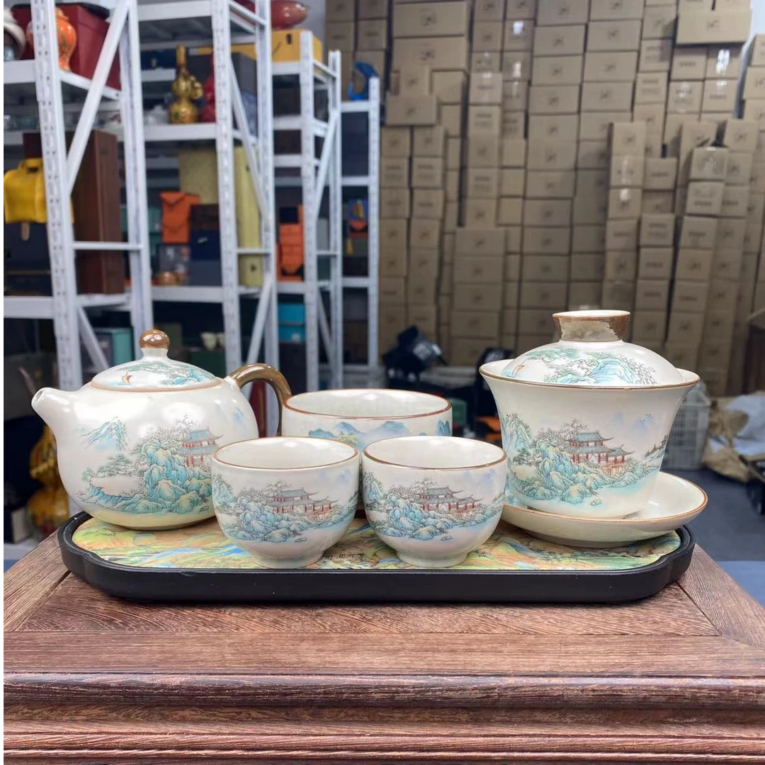 ZH2437-汝窑青山禅定杯+吸水干茶盘+西施壶GS+2个品茗杯GS+盖碗