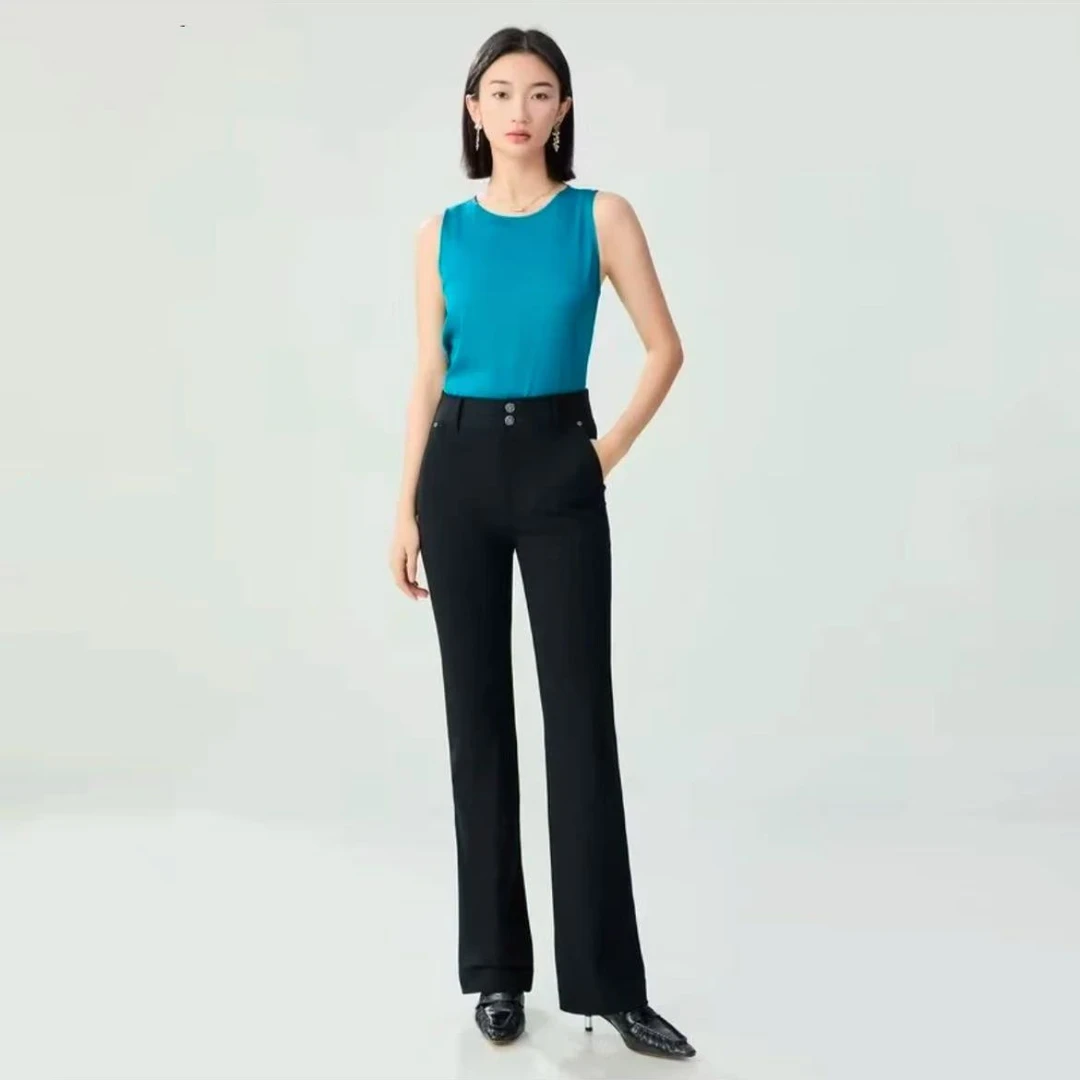 哥弟GIRDEAR高品质百搭高腰双排扣黑色紧身微喇休闲长裤1100512