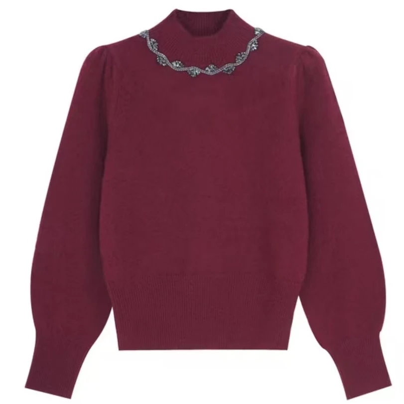 2025秋冬休闲百搭红色手工绣珠设计气质圆领保暖长袖针织衫W1-39