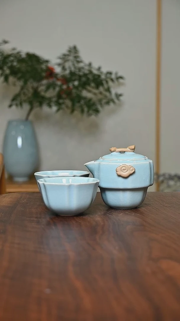 祥云快客一壶二杯 天青 微瑕 朱家汝窑款