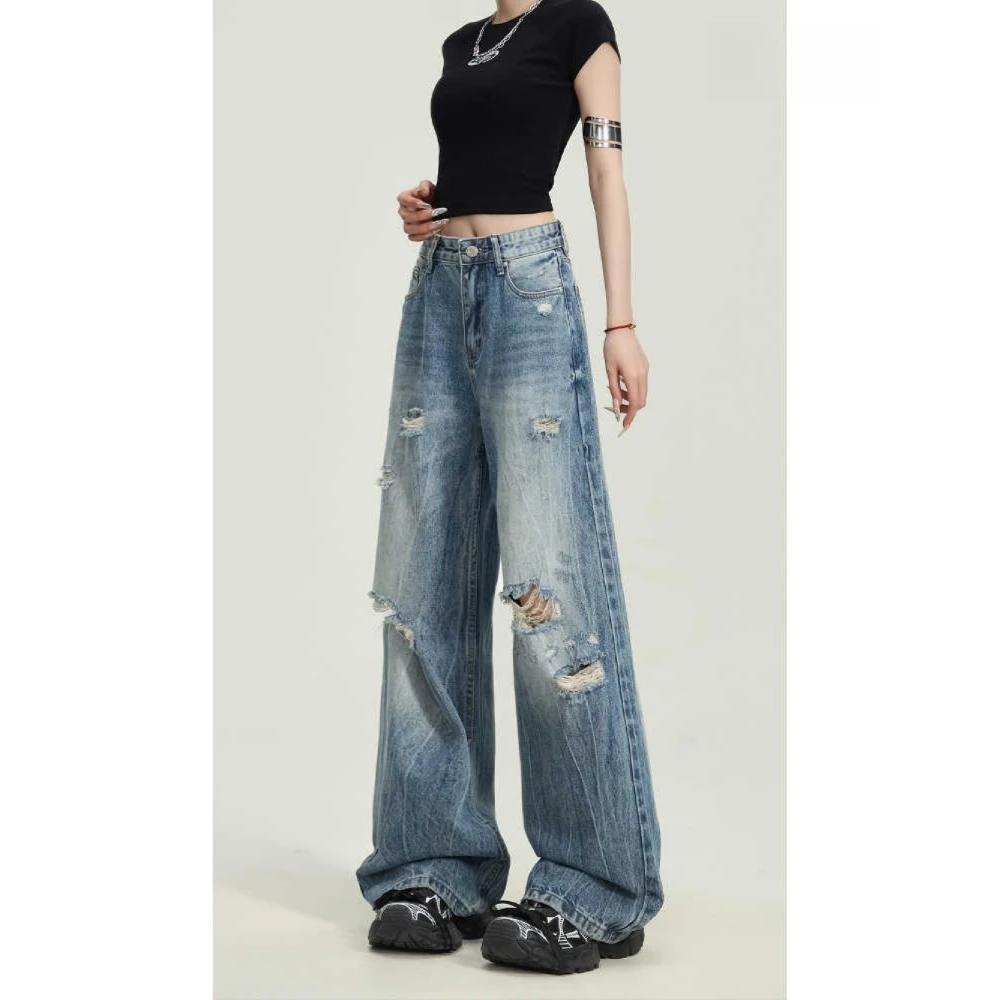 重工水洗破洞牛仔裤女2025年夏季新款高腰显瘦设计感拖地阔腿裤子