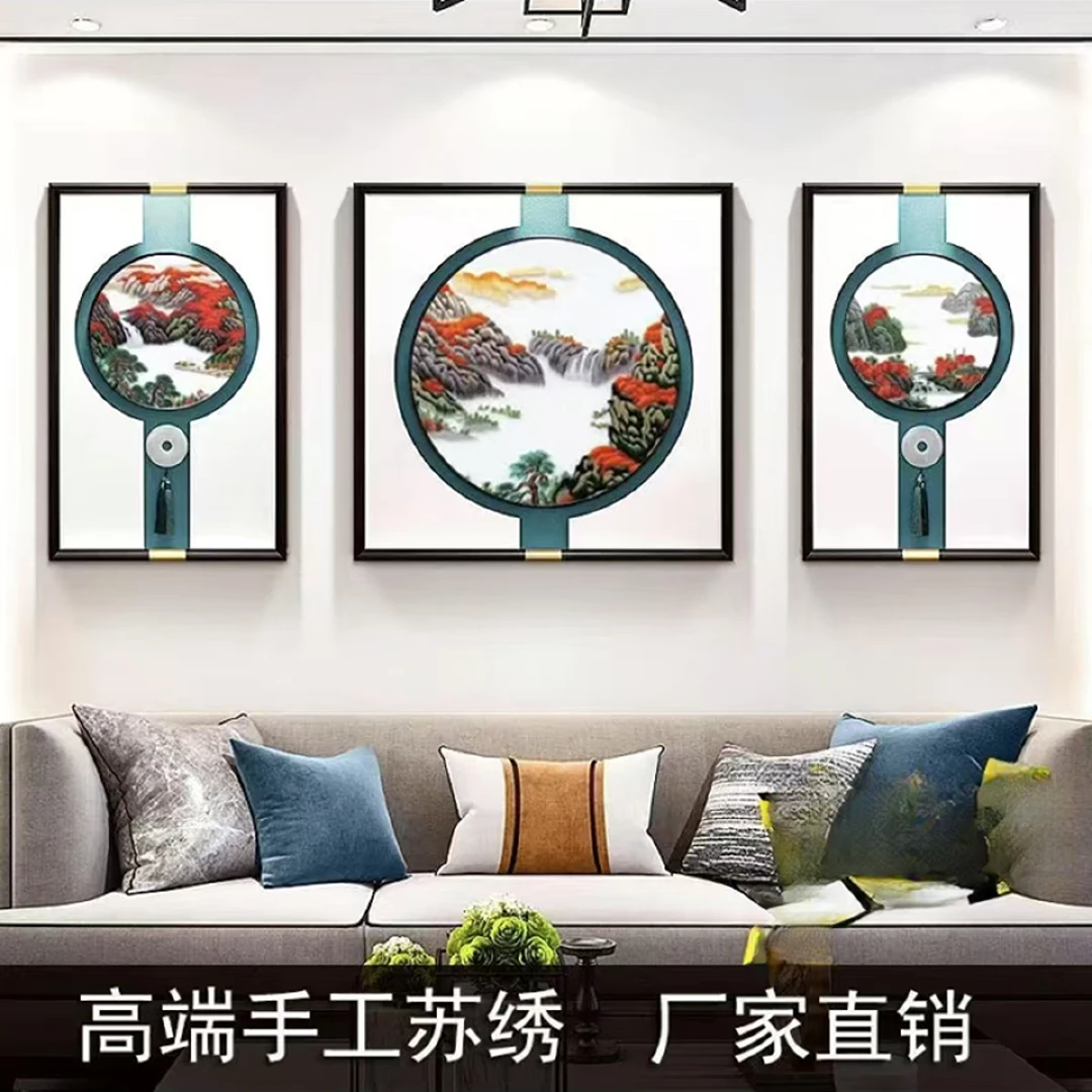 Q77鸿运当头刺绣苏绣沙发背景三联画简约大气钢化玻璃装裱挂画