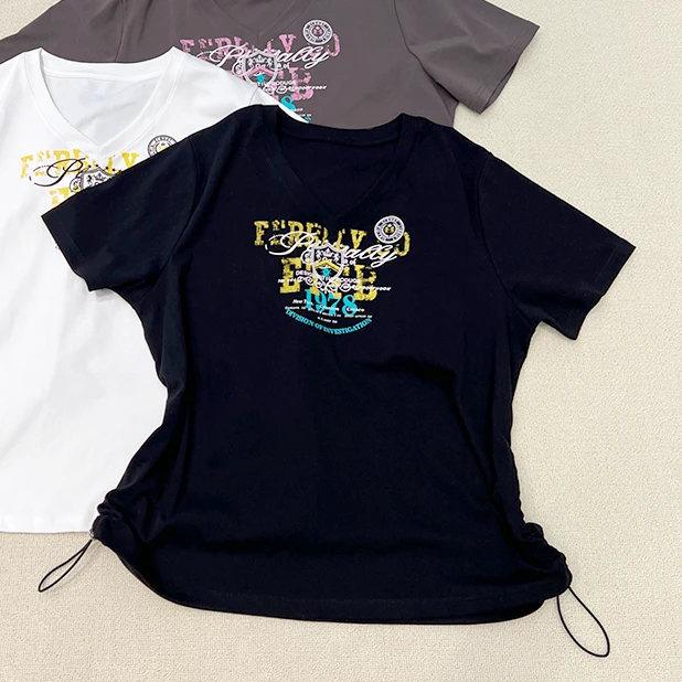 必魅不规则V领短袖T恤2025夏季印花上衣体恤薄款大码女装66545