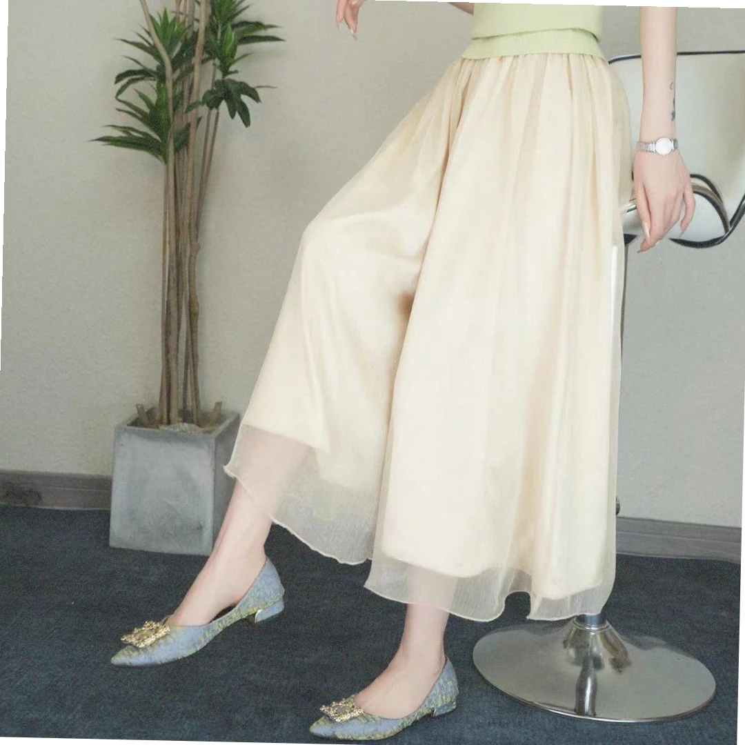 大码双层琉璃沙阔飘逸垂感松紧裤裙裙裤裤薄款高腰宽松坠感九分仙