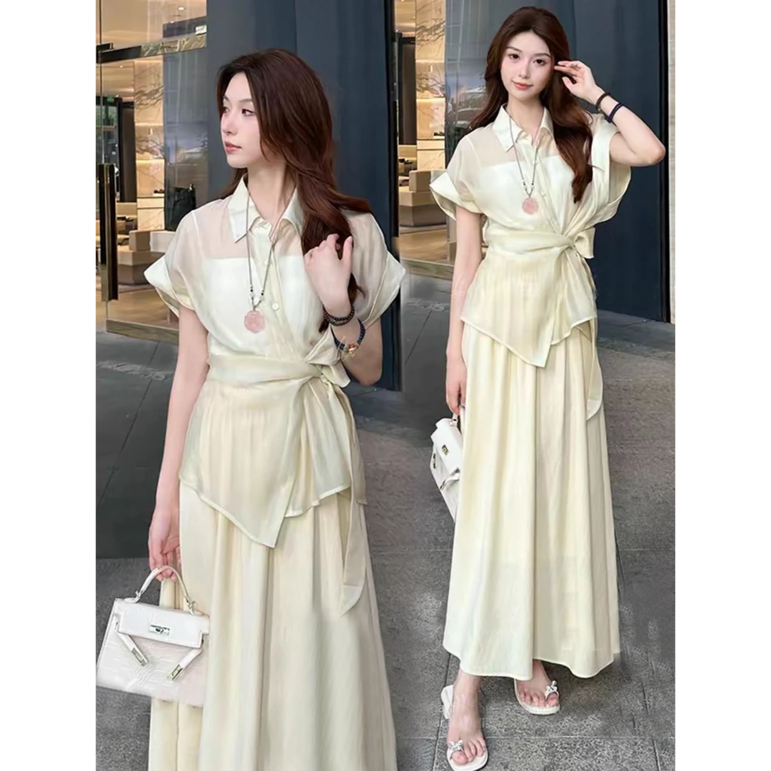 2025夏季新款时尚洋气套装裙女显瘦收腰短袖衬衫半身裙气质两件套