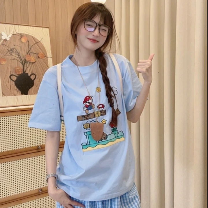 休闲情侣小狗贴布绣纯棉短袖T恤女宽松百搭夏季新款上衣#CX033