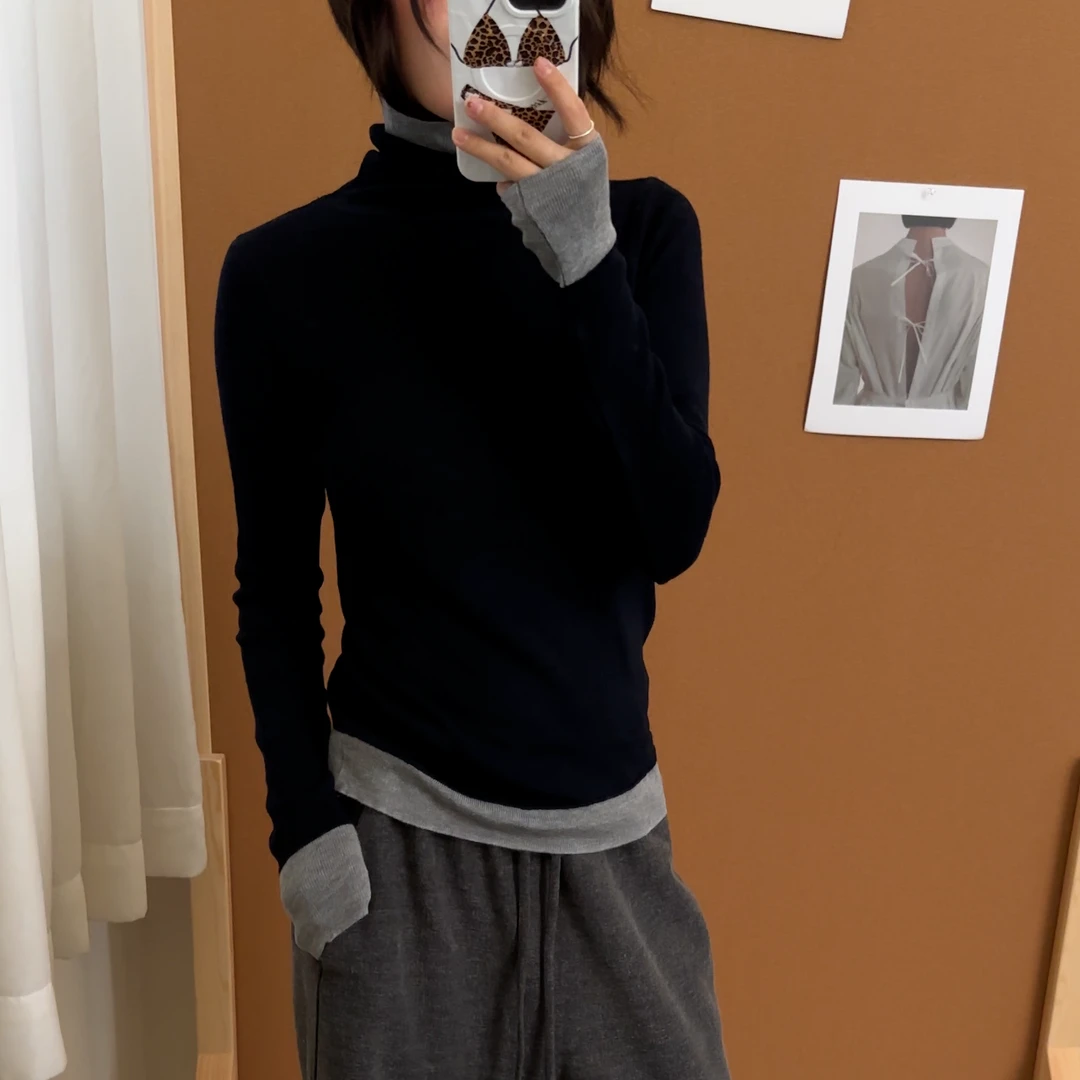 【逸语服饰】2025秋冬季韩系拼色羊毛高领打底衫女百搭针织衫