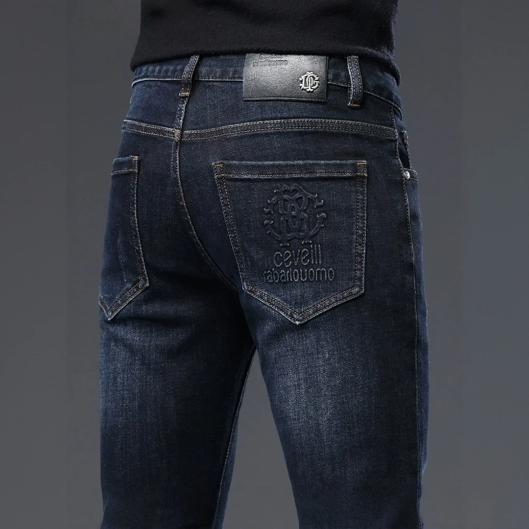 冬季深蓝色牛仔裤男高端潮流印花弹力中腰修身小脚男款百搭长裤子