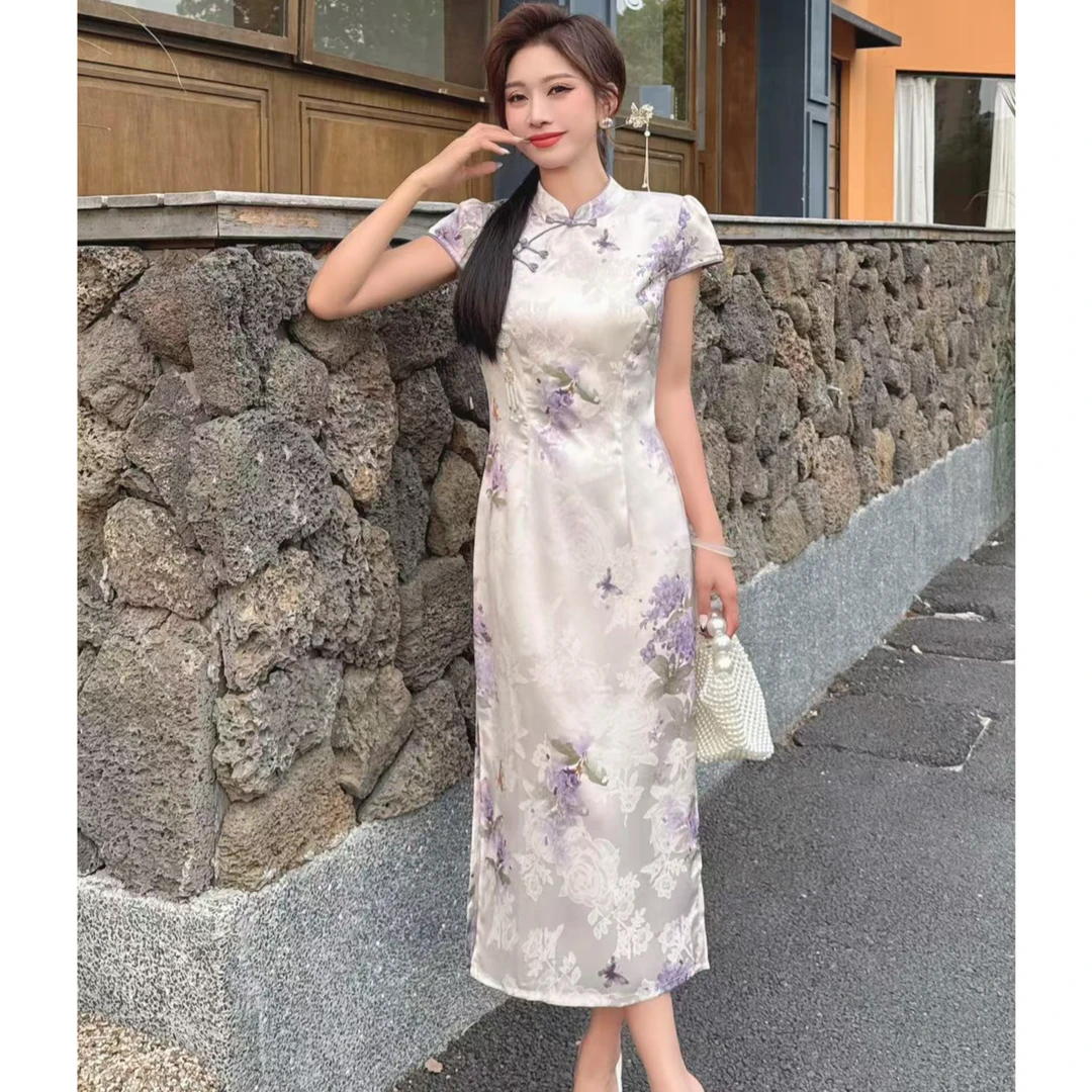 B78599-1 新中式长款提花旗袍连衣裙国风温柔白花蝶恋K1830