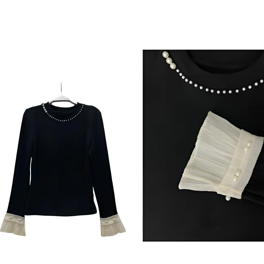 欧洲站（2025羊绒衫）秋冬款设计感钉珠喇叭袖醋酸长袖T恤上衣9152#