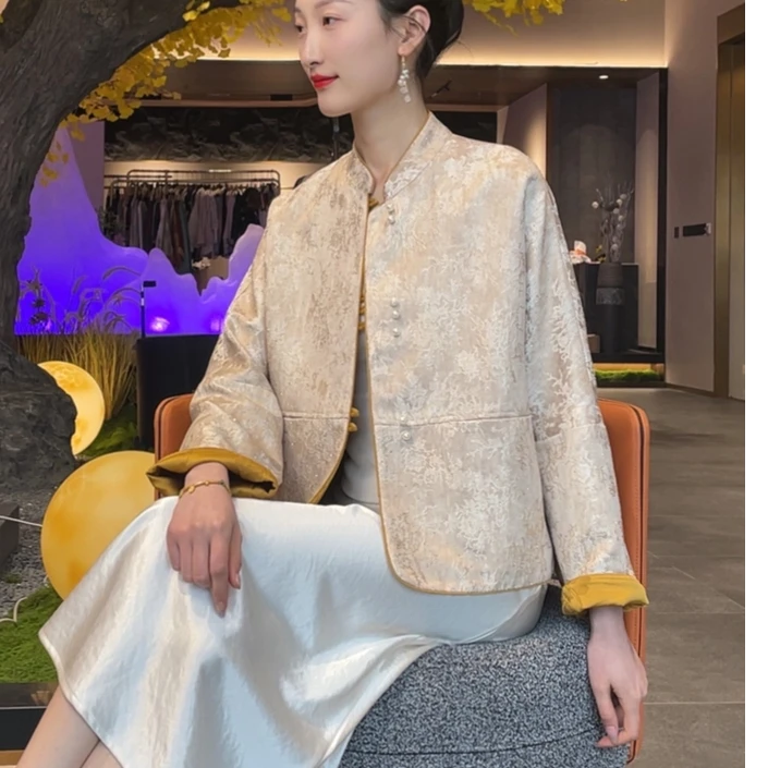 【黛芳】2025新款春季新中式上衣国风提花立领女装双面双穿宽松外套