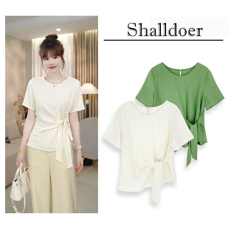 香朵儿纯色扭结收腰短袖针织T恤女2025年夏季千金清冷感贵系衣服