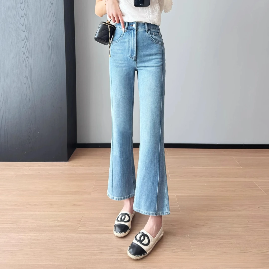 双侧缝弹力微喇牛仔裤女2025春夏款梨型小个子百搭高腰九分喇叭裤