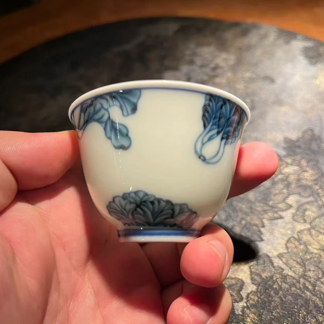 青花百财纹白瓷品茗杯 手工功夫主人杯