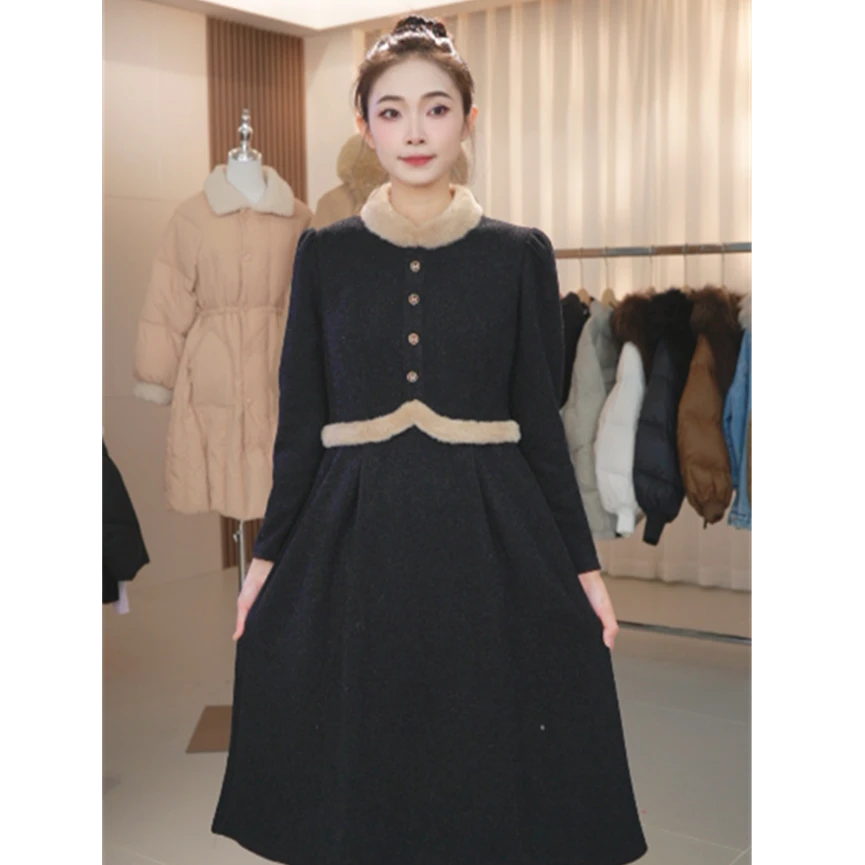 Y1552长袖连衣裙女新款冬季加厚气质减龄假两件黑色显瘦打底裙